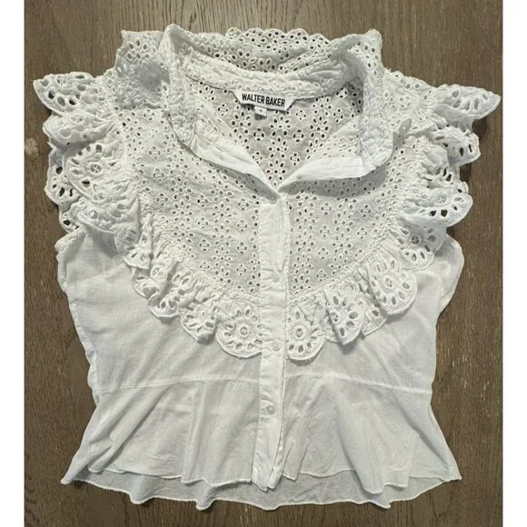 Walter Baker Eyelit flutter sleeve white Bib Collar Ruffle Shirt Small Coquette - Picture 2 of 11